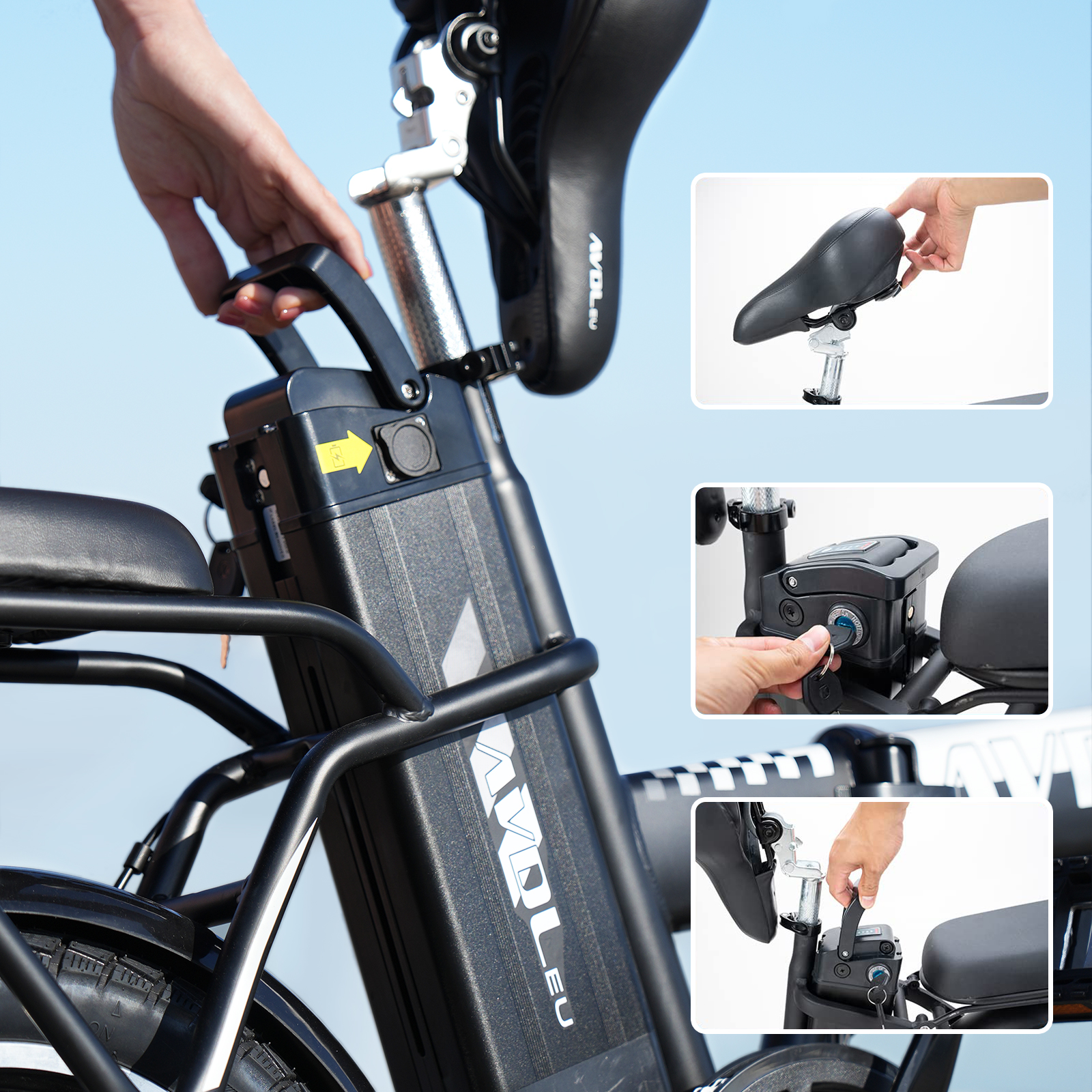 Eine Hand hält den Griff des E-Bike-Akkus, mit Detailansichten.