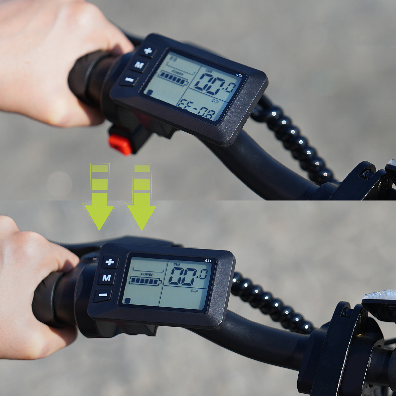 Zwei Bilder zeigen einen Fahrradlenker mit Display. Unten sind Pfeile.