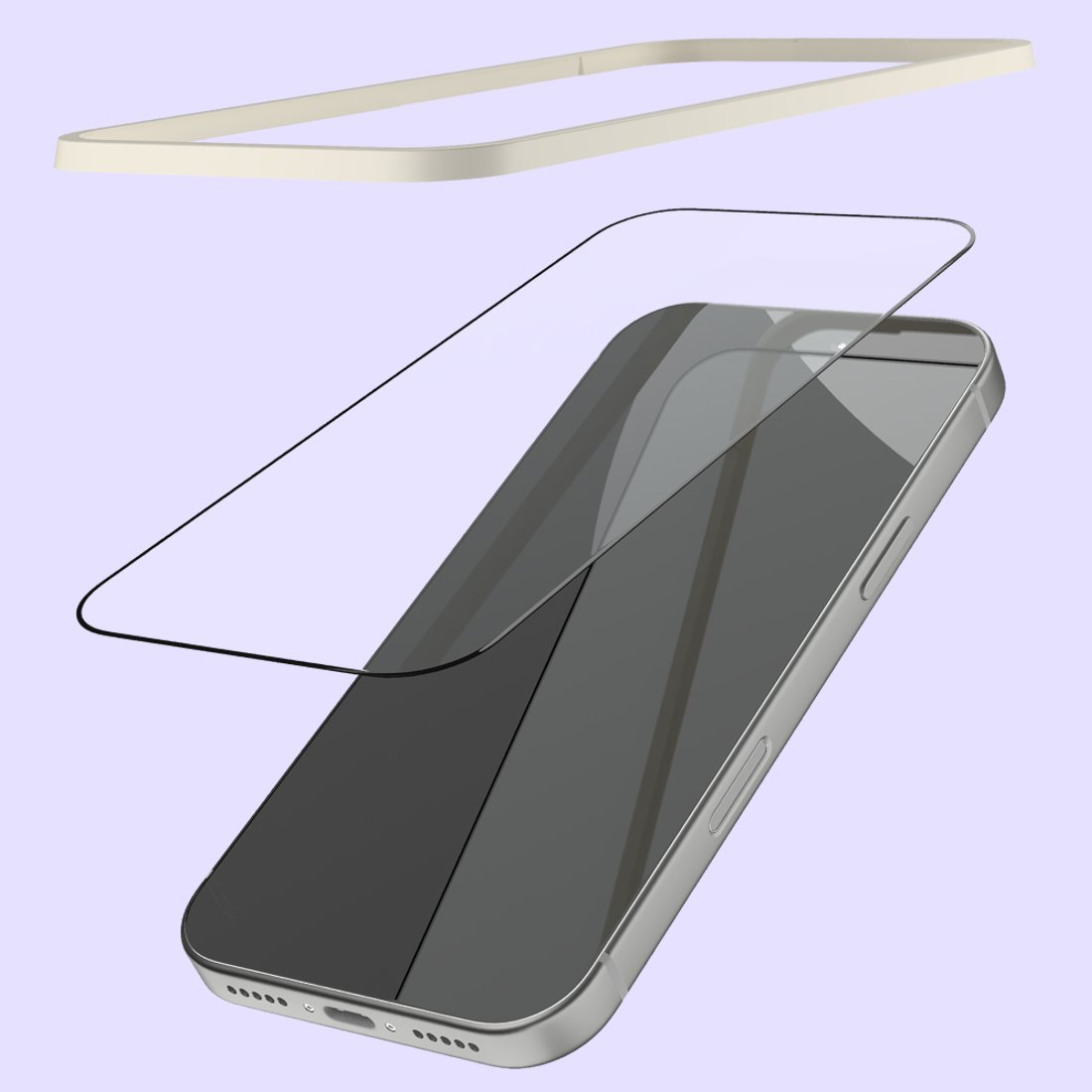 Una protezione schermo trasparente fluttua sopra uno smartphone argentato, con una cornice color crema sopra.