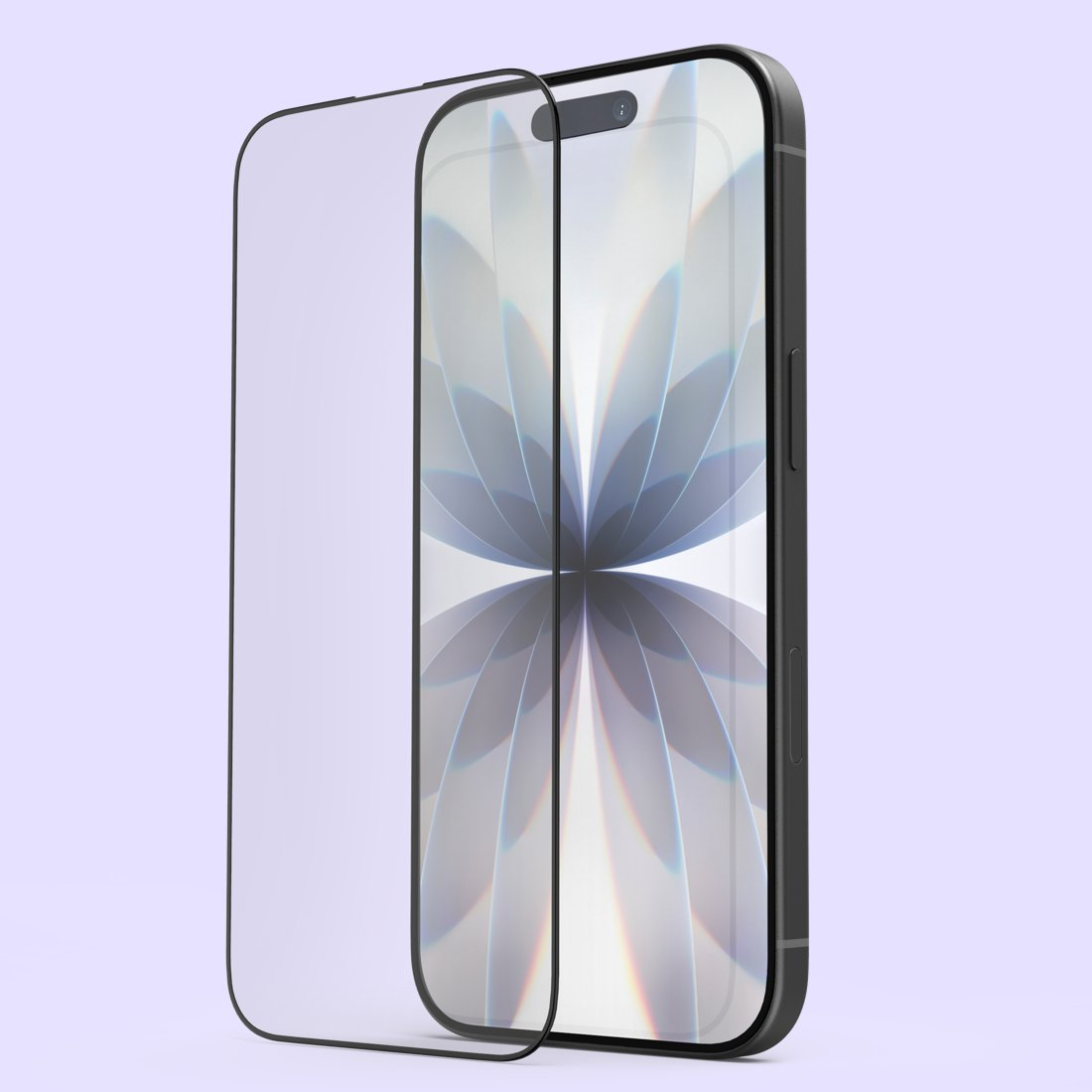 Uno smartphone con una protezione per lo schermo davanti, su sfondo chiaro.