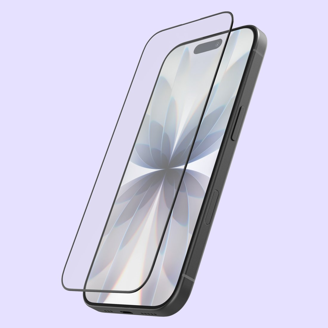 Uno smartphone nero con proteggi schermo, su sfondo viola chiaro.