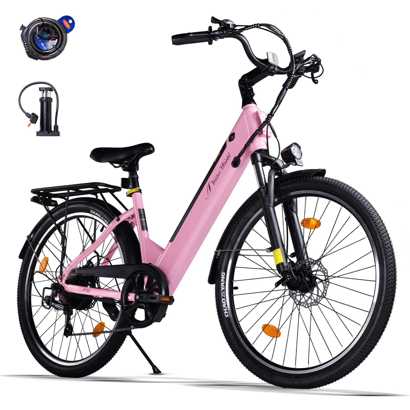 Ein rosafarbenes Elektrofahrrad mit Zubehör wie Schloss und Pumpe.