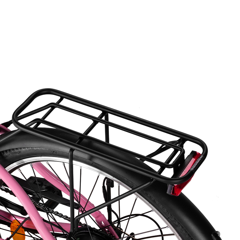 Nahaufnahme des Gepäckträgers und Hinterrads eines rosa Fahrrads.