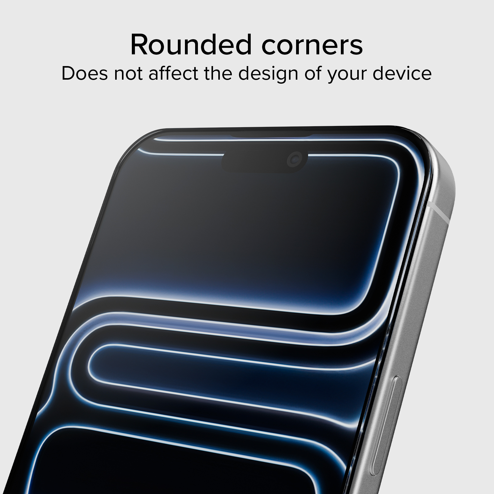 Primer plano de un smartphone con esquinas redondeadas y pantalla oscura con líneas azules.