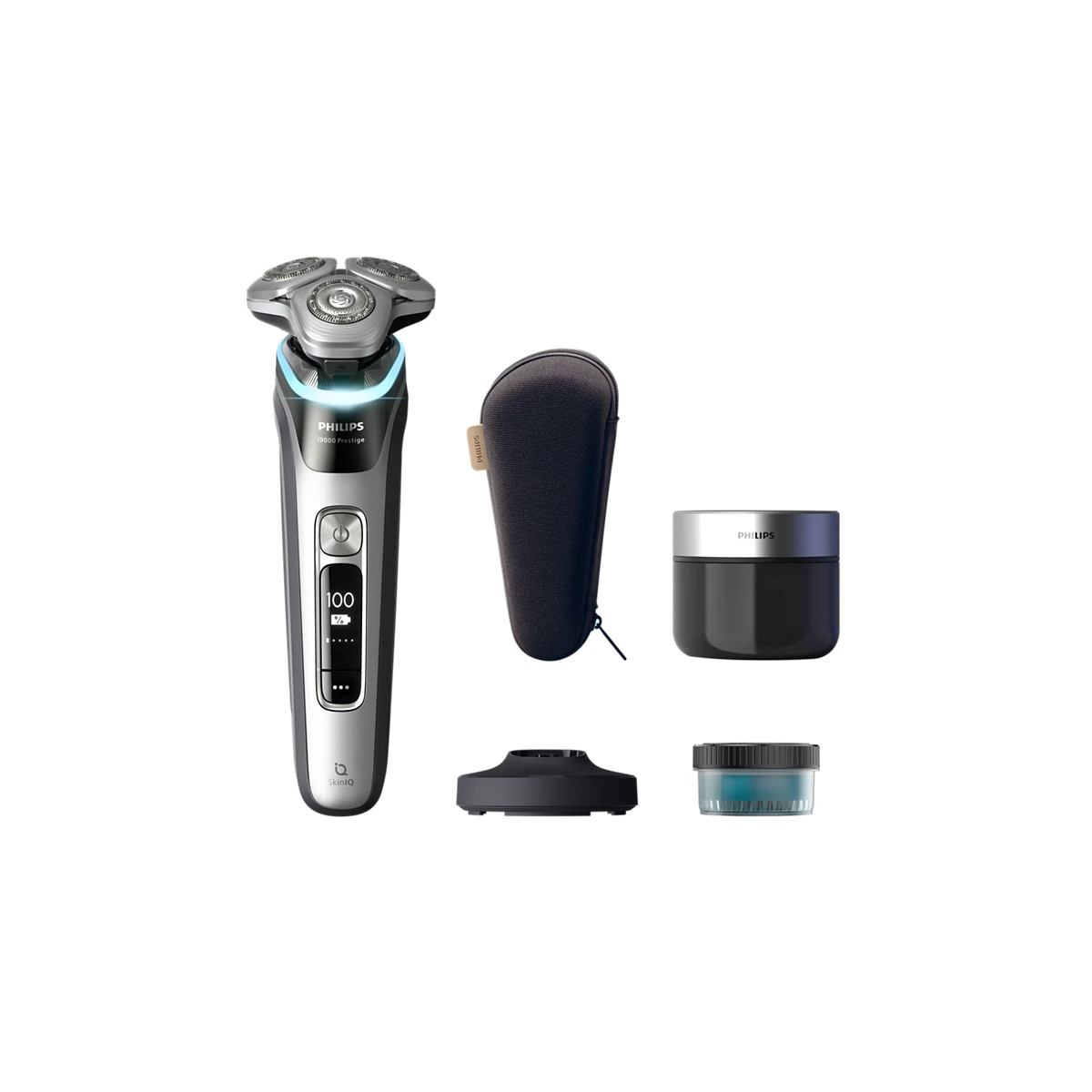 Un rasoio Philips con accessori: custodia da viaggio, base di ricarica, barattolo e vaschetta.