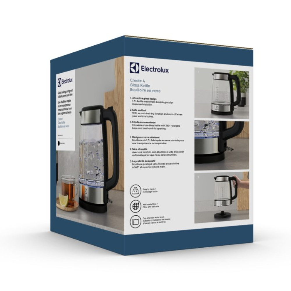 Opakowanie czajnika szklanego Electrolux z obrazami produktu i tekstem.