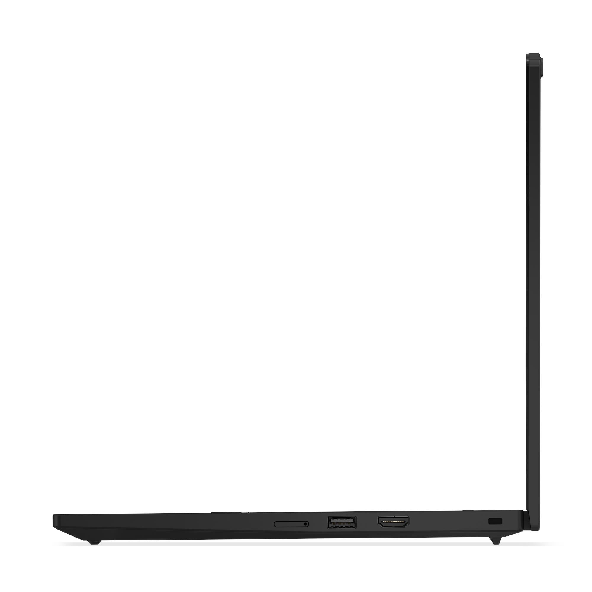 Un laptop nero di profilo, con porte sul lato.