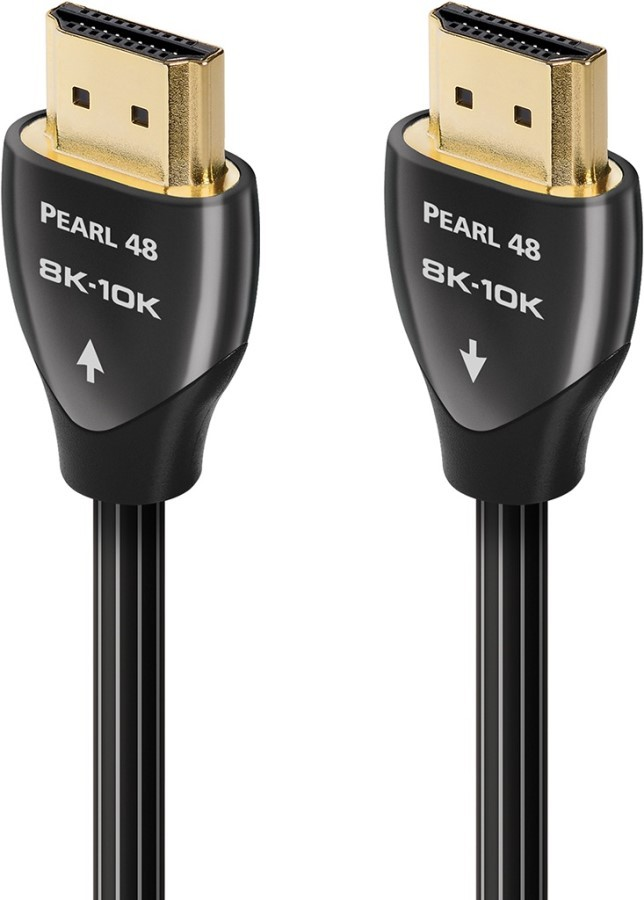 Dwa kable HDMI ze złotymi złączami i czarną obudową, oznaczone 'PEARL 48 8K-10K'.