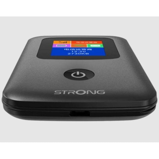 Ein schwarzer mobiler WLAN-Router mit POWER-Symbol und STRONG-Logo.