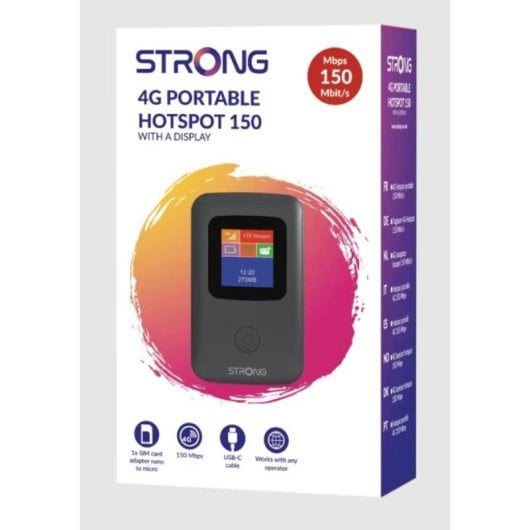 Verpackung eines STRONG 4G tragbaren Hotspots 150 mit Display und USB-C.