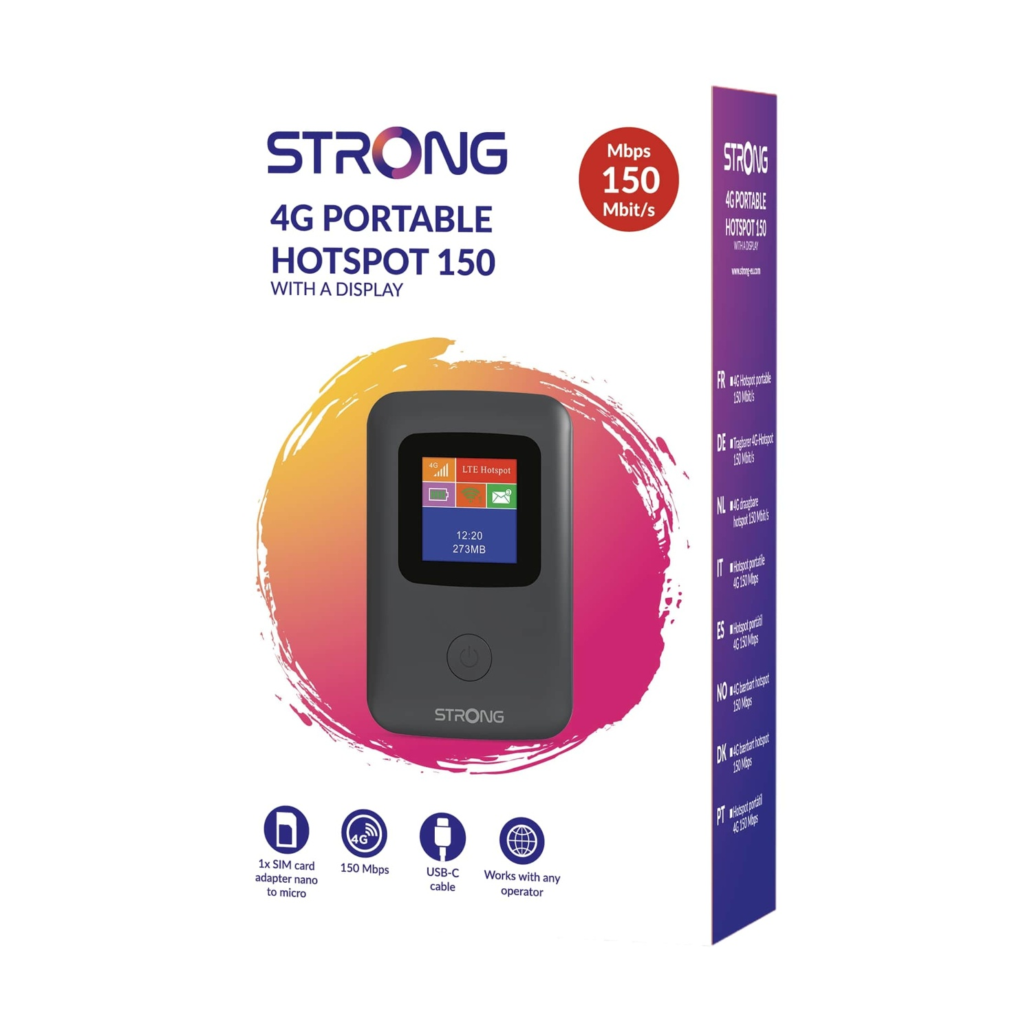 Grauer 4G mobiler Hotspot mit Display, Ladeanzeige und Icon-Leiste.
