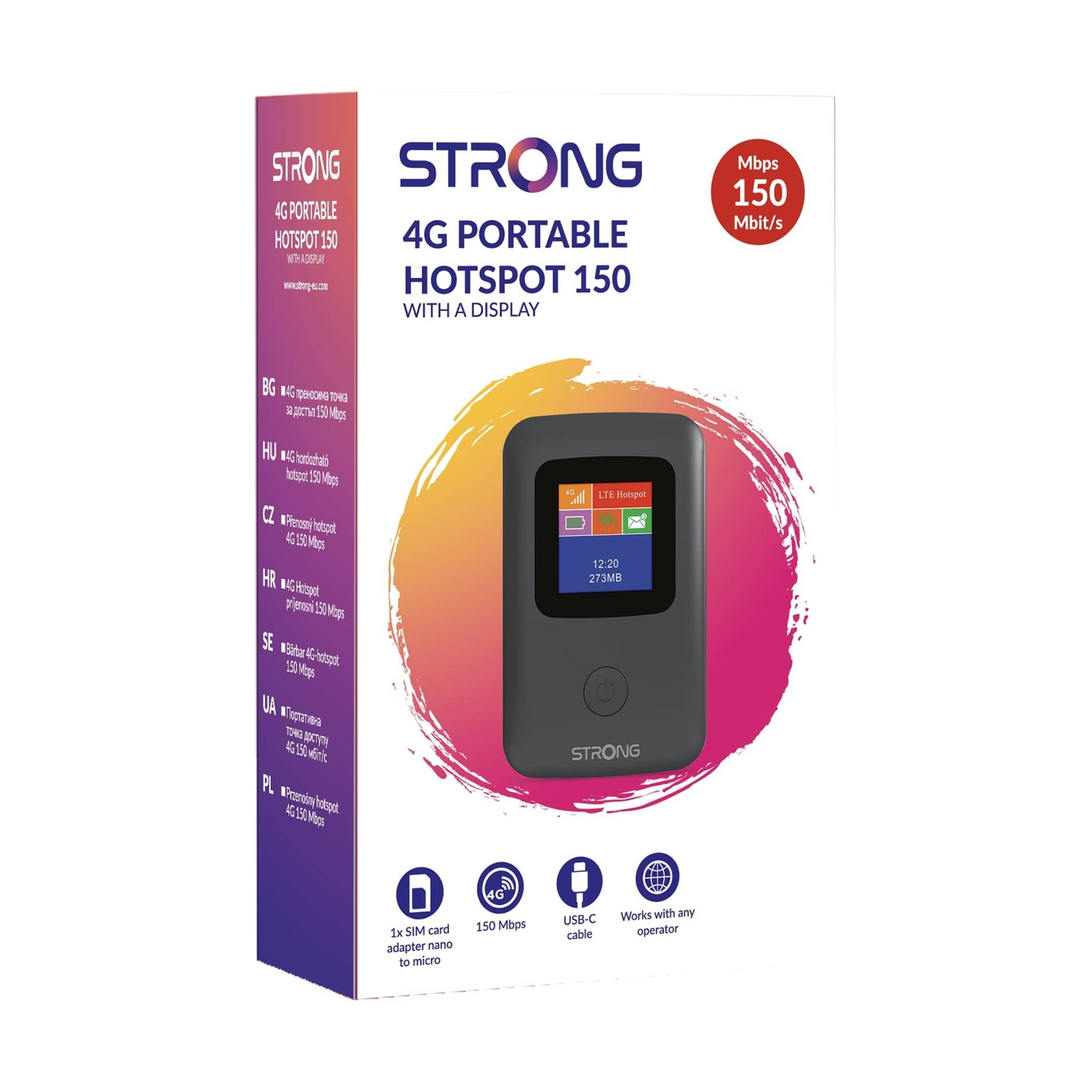 Packung eines STRONG 4G tragbaren Hotspot 150 mit Display, 150 Mbit/s.