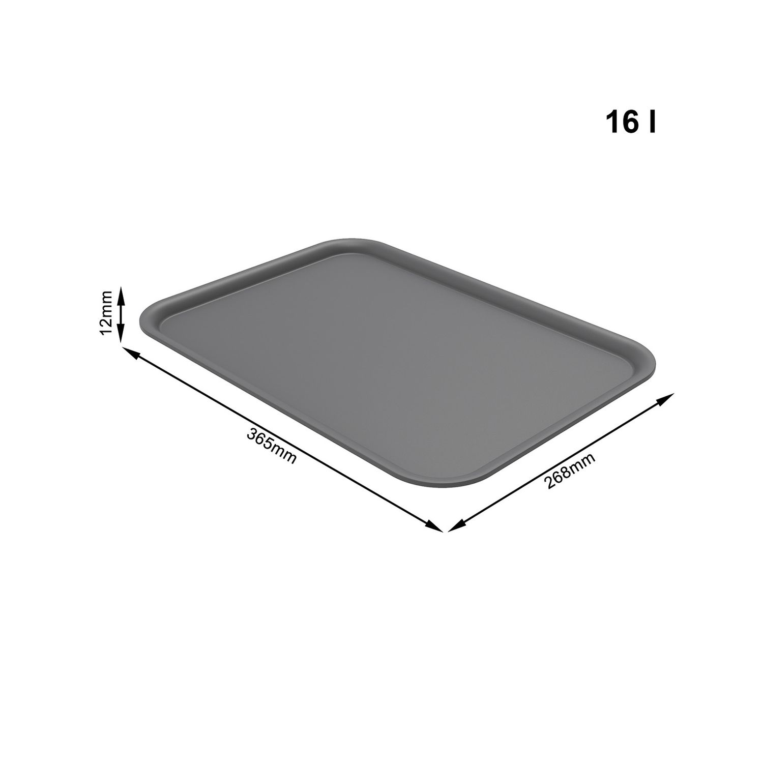Szara taca prostokątna, wymiary 365x268x12mm. Pojemność 16l.