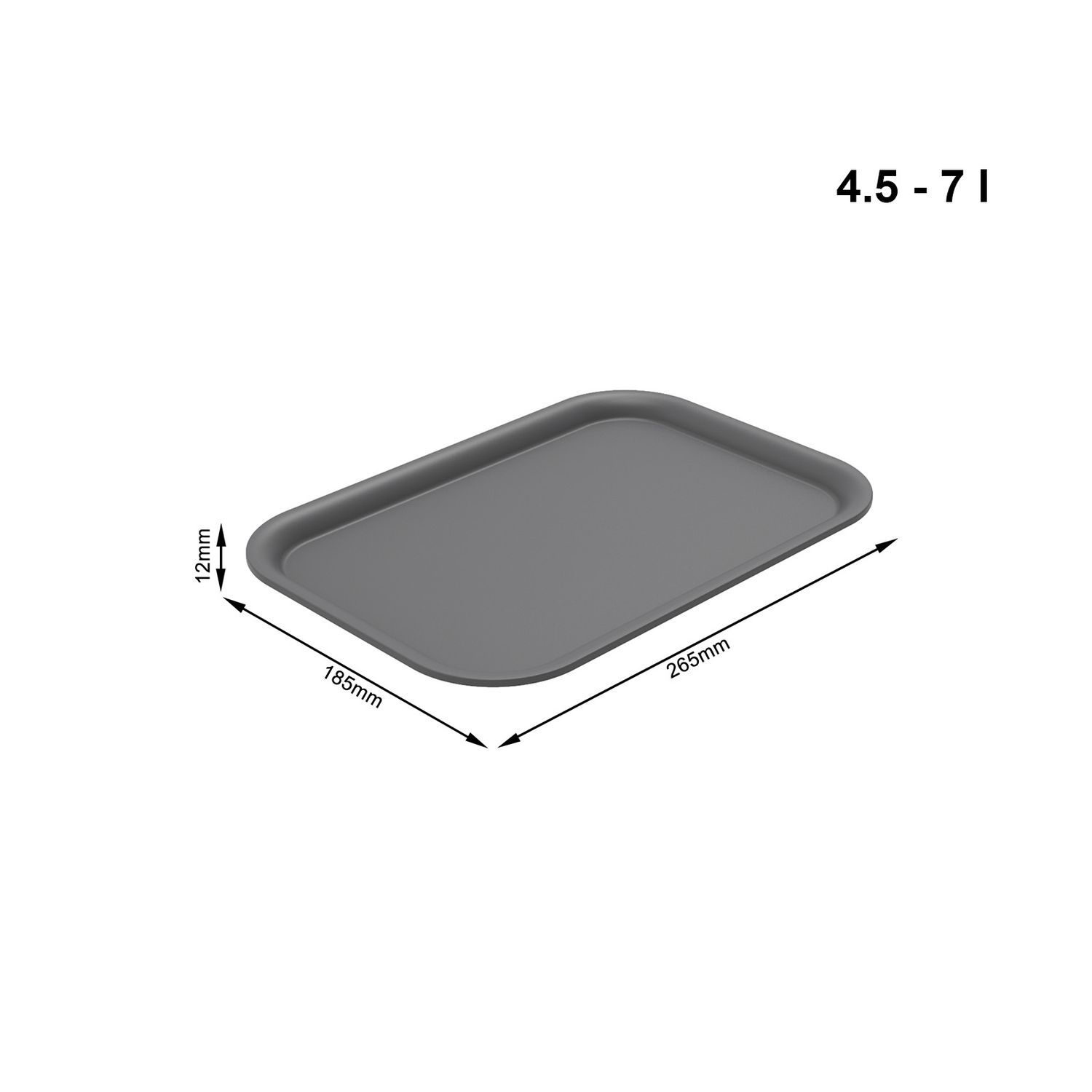 Szara prostokątna taca, 265mm x 185mm, wysokość 12mm.
