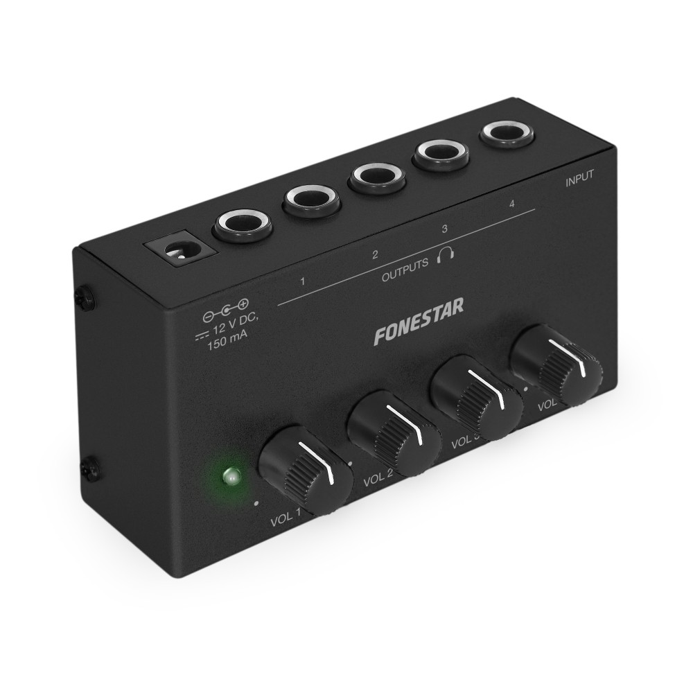 Czarny rozdzielacz audio Fonestar z 4 wyjściami, 4 pokrętłami głośności i wejściem zasilania.