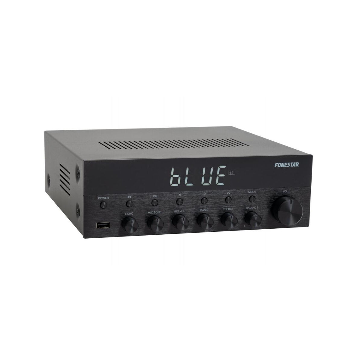 Czarny wzmacniacz Fonestar z wyświetlaczem "BLUE", pokrętłami i portem USB.