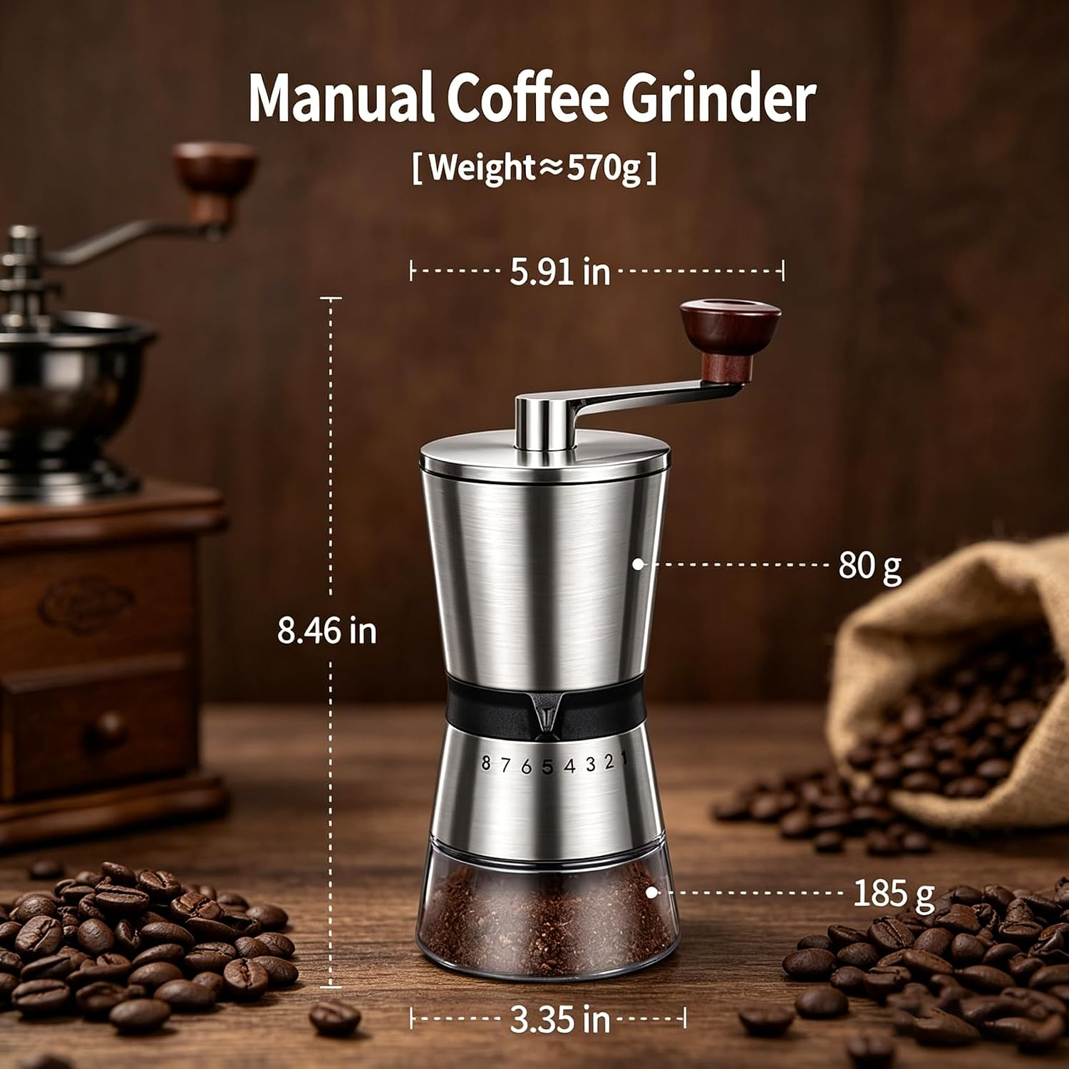 Manueller Kaffeemühlen-Aufbau mit Maßen und Kaffeebohnen.