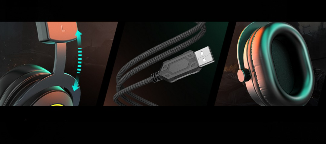 Zbliżenie na słuchawki: oznaczenie L, złącze USB i nausznik.