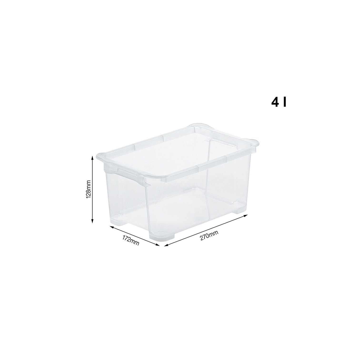Przezroczysty plastikowy pojemnik, 270x172x128mm, z pokrywką i napisem 4l.