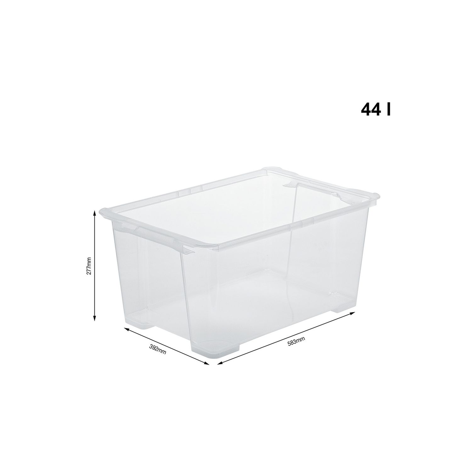 Przezroczysty pojemnik, wymiary 583x392x277mm, pojemność 44L.