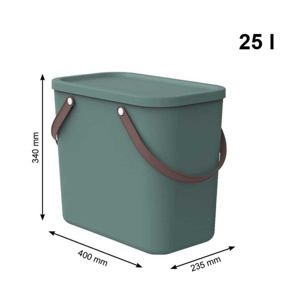 Zielony kosz 25L z brązowymi uchwytami. Wymiary: 400x235x340 mm.