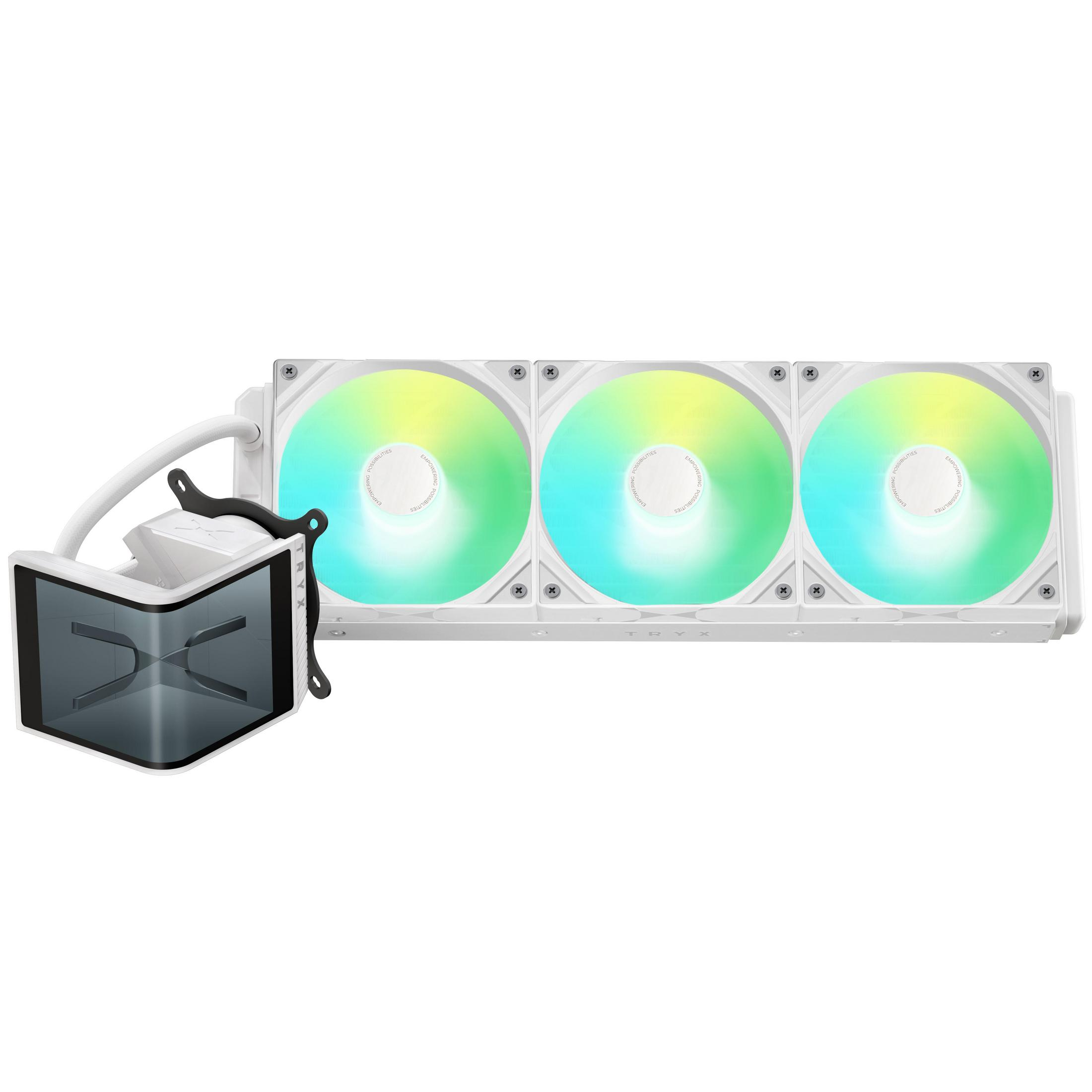 Weiße Wasserkühlung mit drei RGB-Lüftern und einem stilvollen schwarzen Pumpengehäuse.