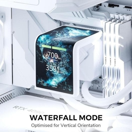 Ein weißer PC mit einem vertikalen Bildschirm, der eine Wasserfallgrafik anzeigt.