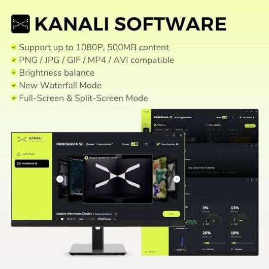 Kanali Software-Anzeige: PC-Monitor mit Software-Screenshots, die Funktionen wie 1080p, Dateiformate und Modi zeigen.