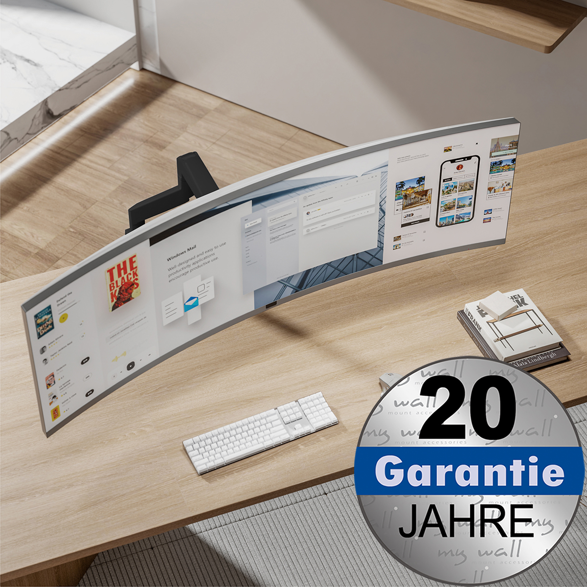 Ein gebogener Monitor mit Tastatur und Büchern auf einem Schreibtisch. Ein Garantie-Siegel ist sichtbar.