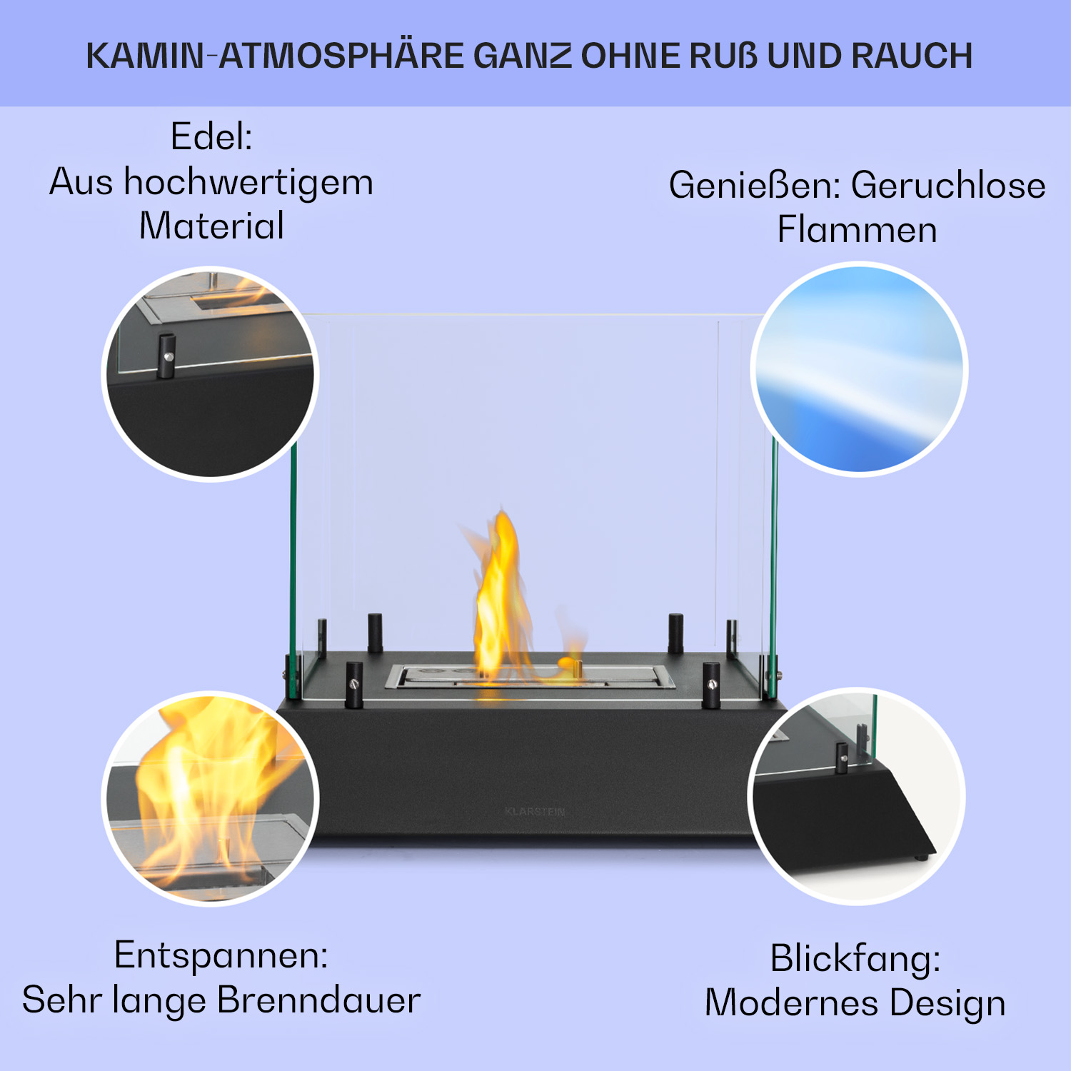 Moderner Kamin mit Flammen aus hochwertigem Material, ohne Ruß und Rauch.