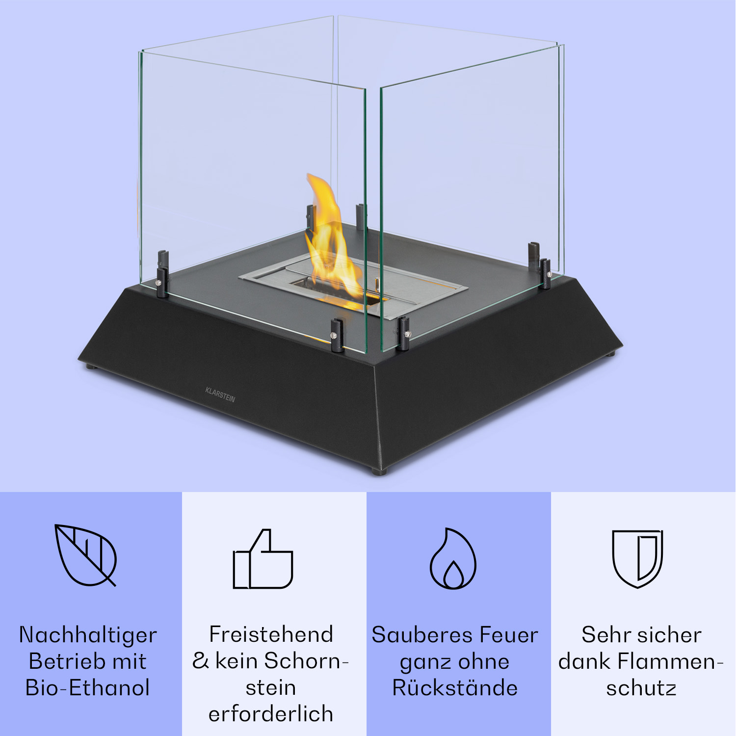 Ein schwarzer Bioethanol-Kamin mit Glasgehäuse und sichtbarer Flamme.
