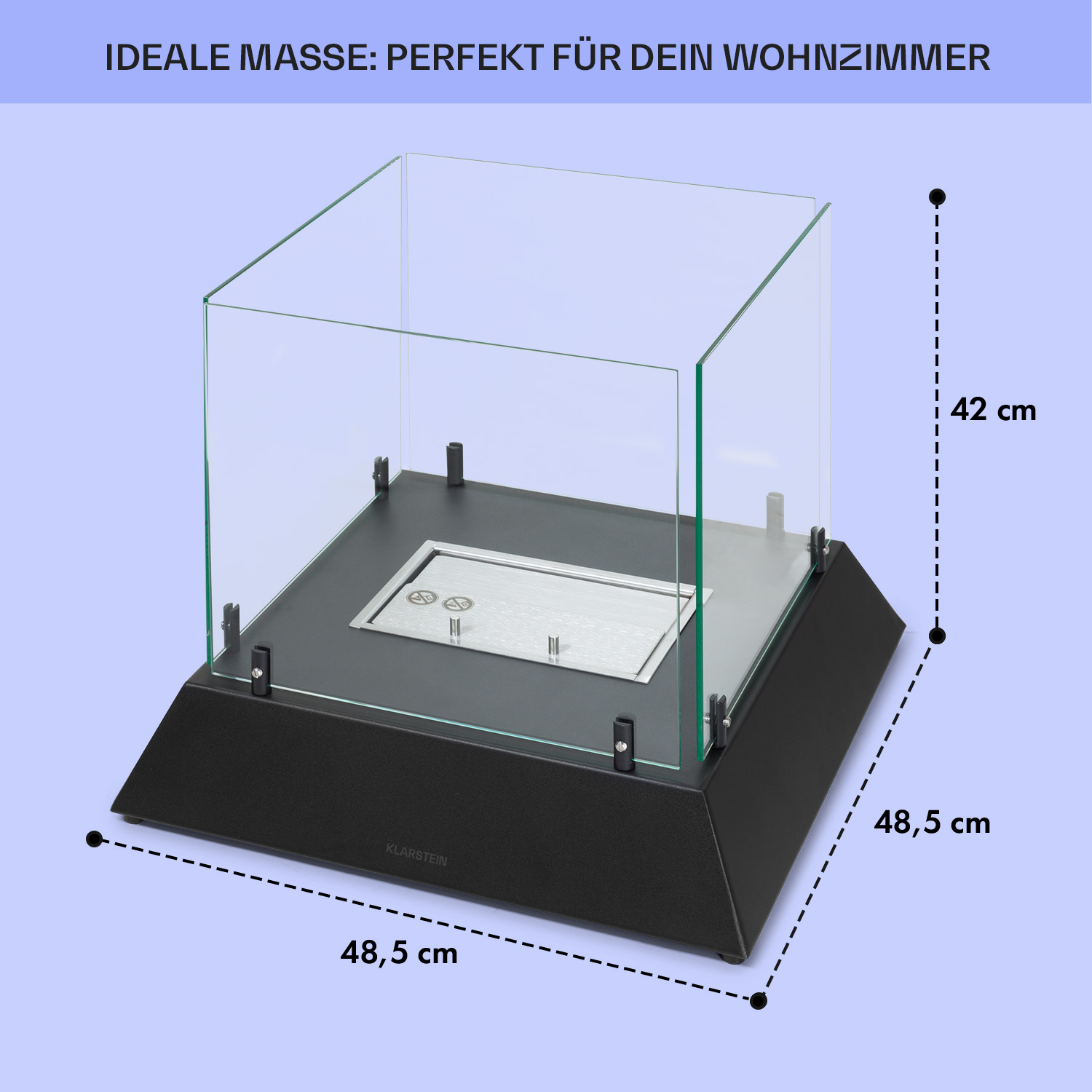 Moderner schwarzer Kamin mit Glashaube und Maßangaben.