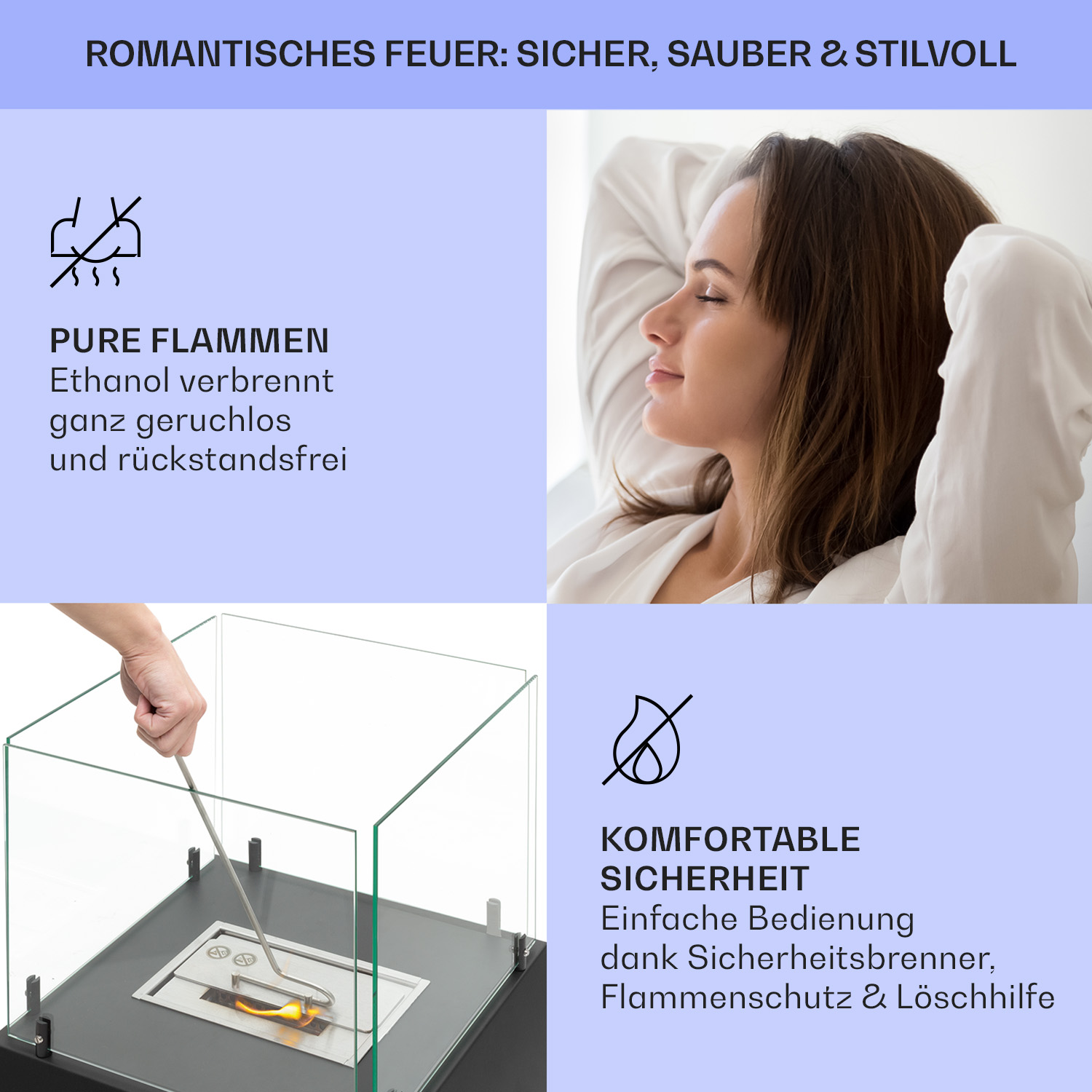 Ein Mann entzündet einen Ethanol-Kamin; Frau entspannt sich.