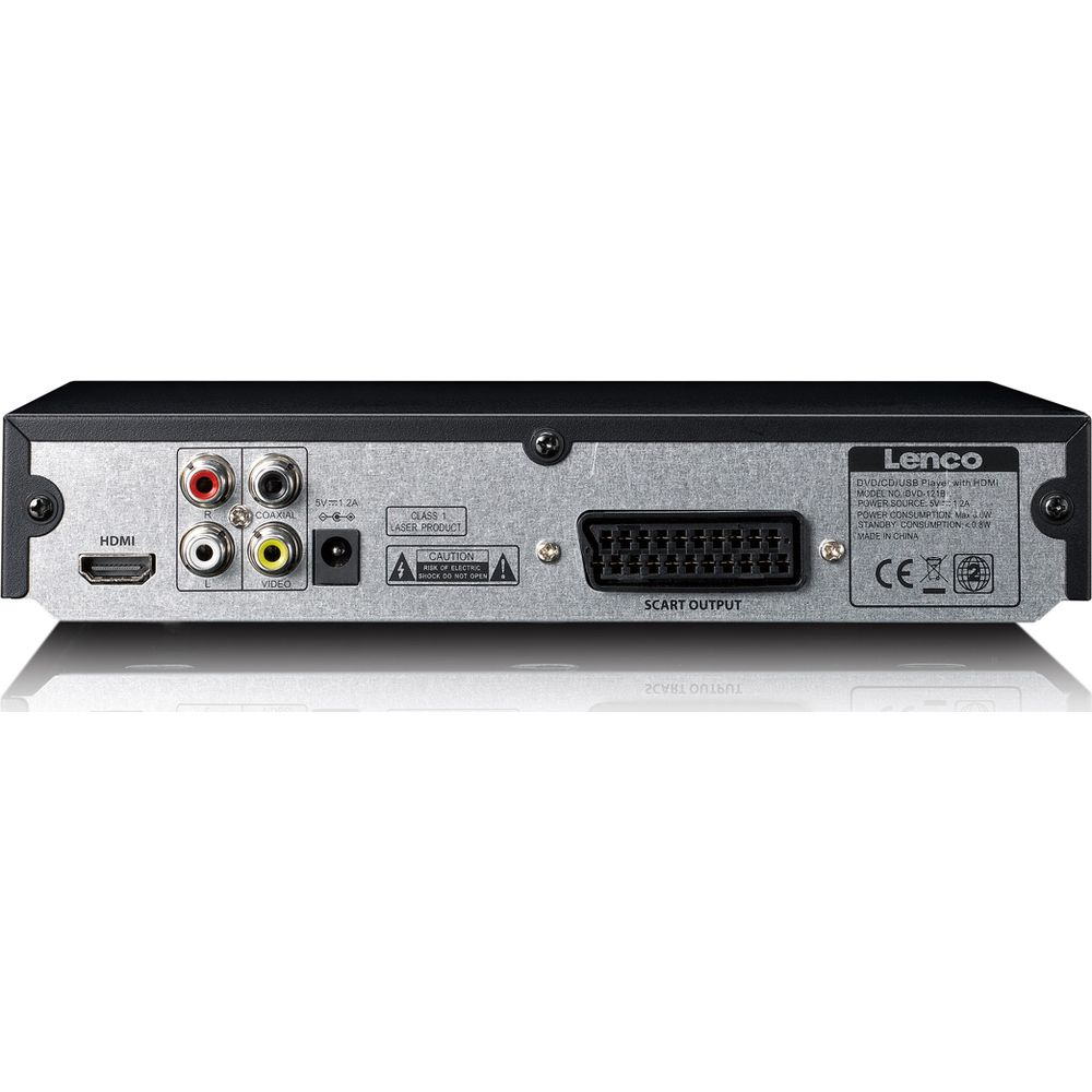 Rückseite eines Lenco DVD/CD/USB-Players mit HDMI, Anschlüsse: HDMI, Audio, Video, Koaxial, Netzteil, Scart.