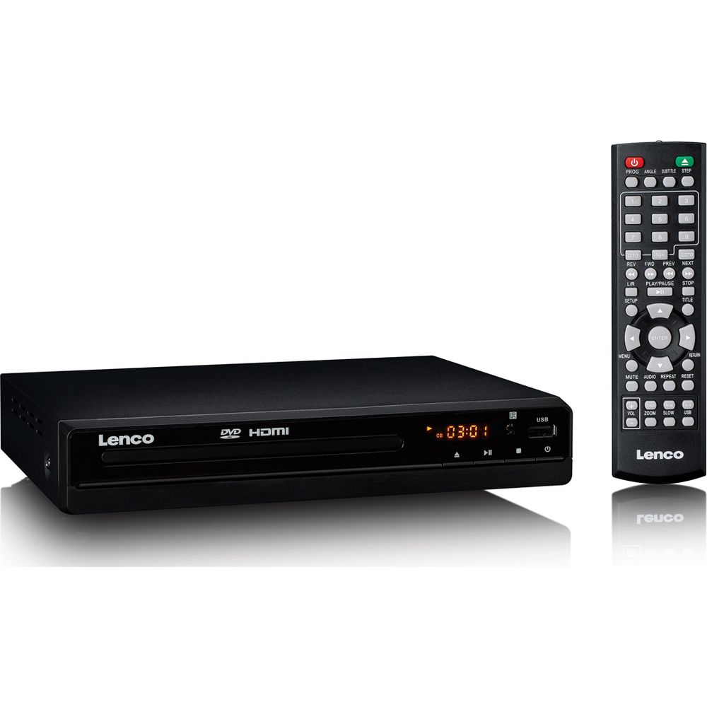 Ein schwarzer Lenco DVD-Player mit Fernbedienung auf weißem Hintergrund.