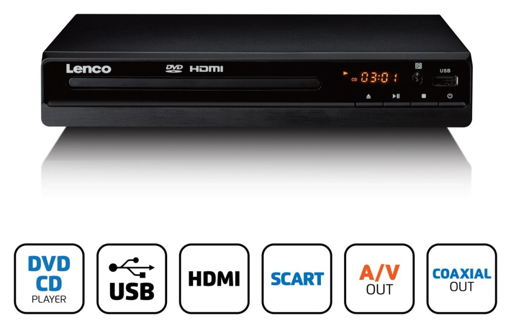 Ein schwarzer Lenco DVD-Player mit HDMI-Anschluss, USB und Symbolen.