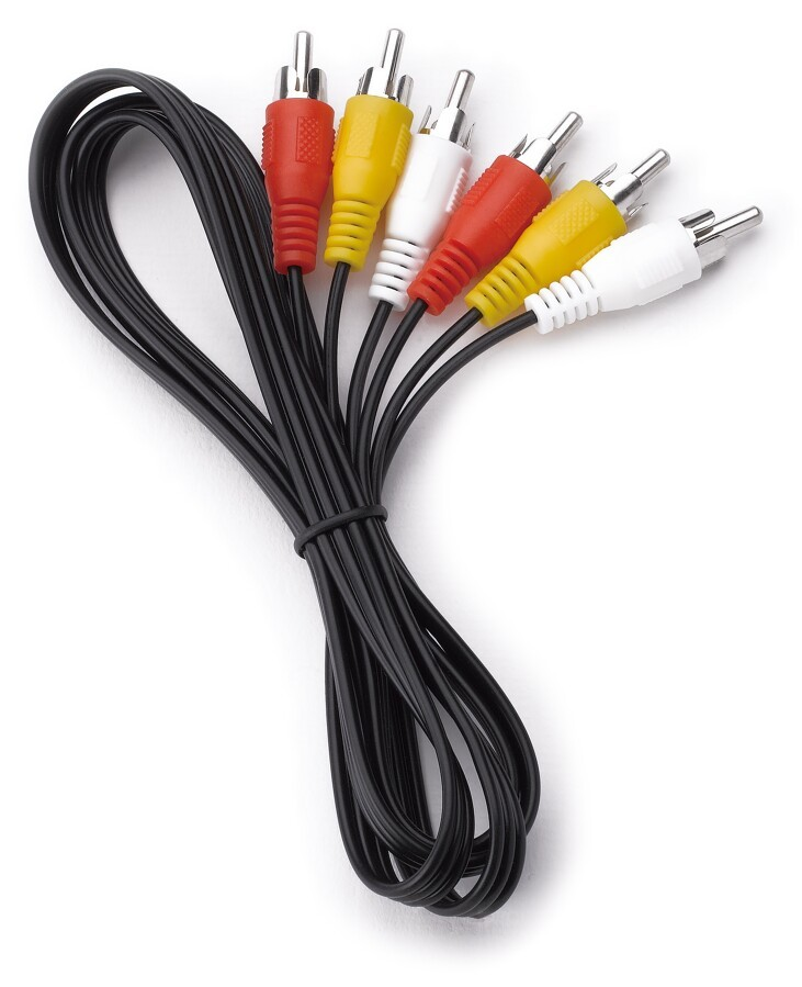 Ein schwarzes Kabel mit roten, gelben und weißen Cinch-Steckern ist gebündelt.