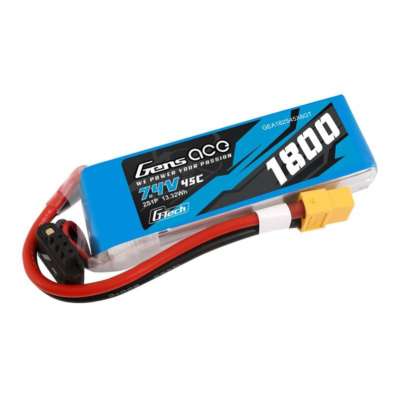 Bateria Gens Ace 7.4V 45C 1800mAh LiPo z czerwonym i czarnym przewodem.