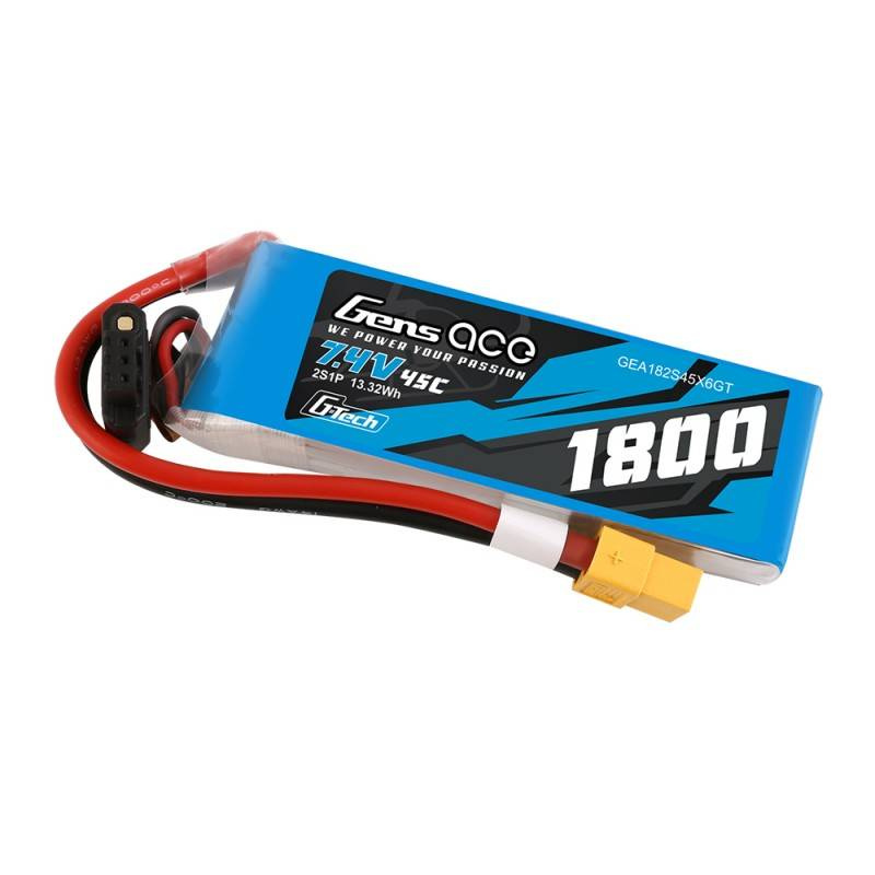 Niebieski pakiet baterii LiPo Gens Ace 7,4V 45C 1800mAh z czerwonymi i czarnymi przewodami.