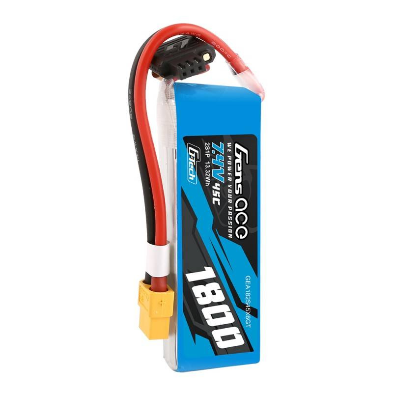 Niebieski pakiet baterii LiPo 7,4V 45C 1800mAh z czerwonymi i czarnymi przewodami.