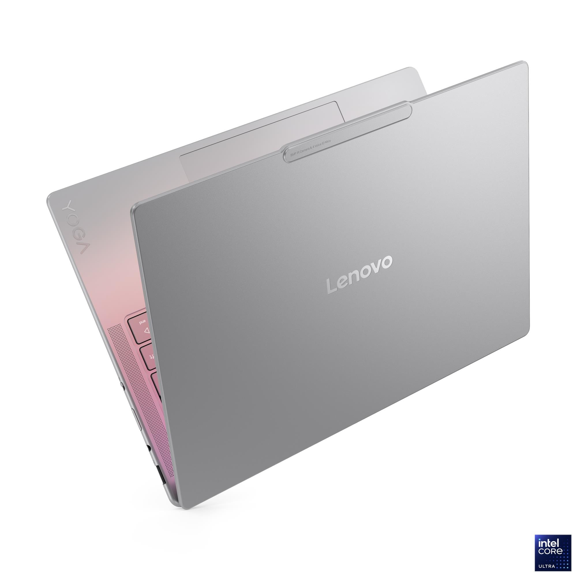 Un laptop Lenovo Yoga argentato con tastiera rosa e logo Intel Core Ultra.
