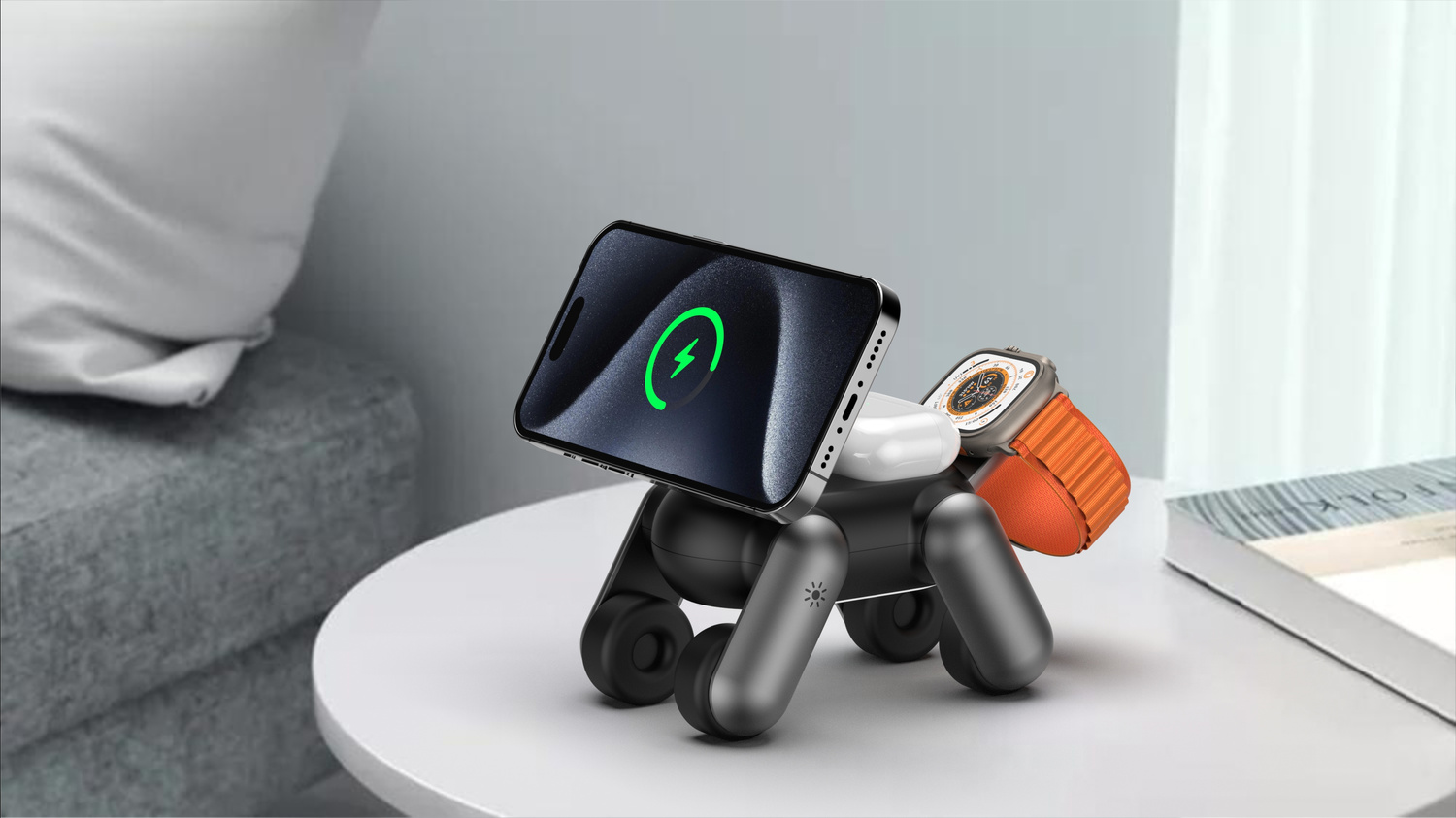 Czarny stojak w kształcie psa ładuje iPhone, AirPods i Apple Watch.