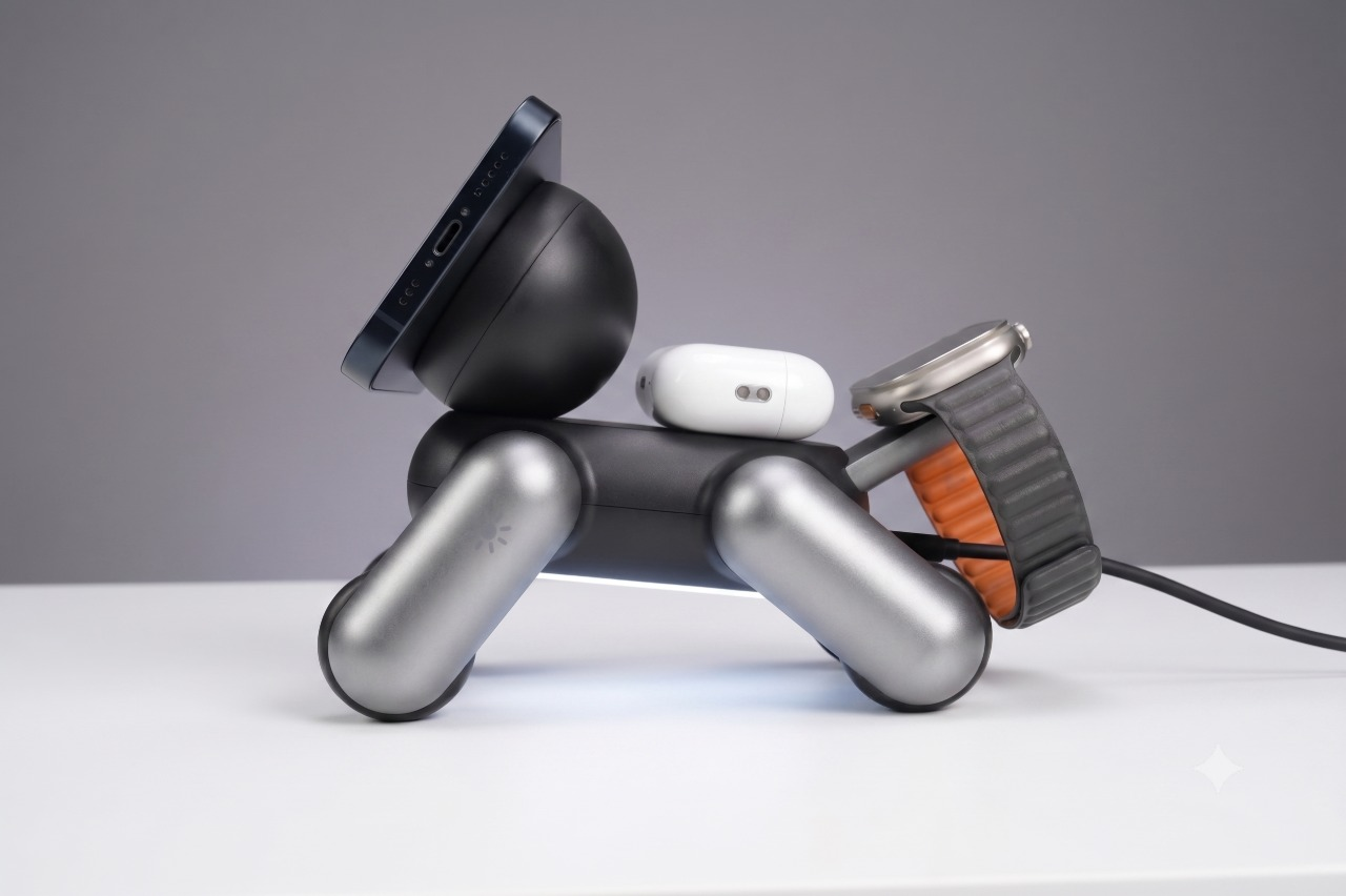 Robot pies ładowarka trzyma iPhone'a, AirPods i Apple Watch.