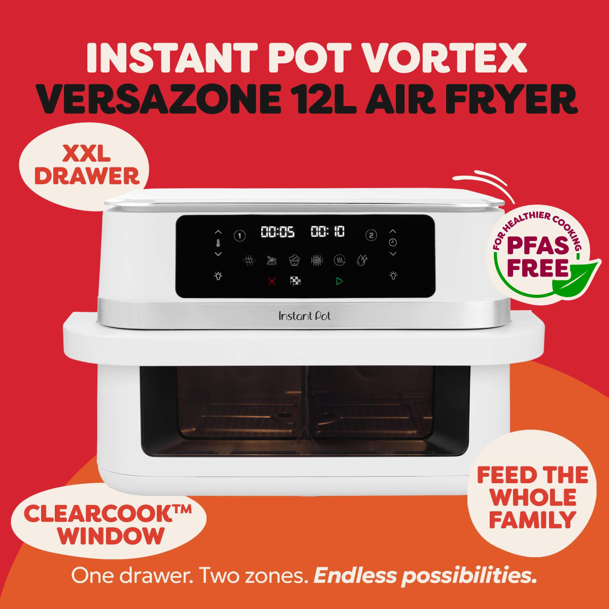 Biała frytkownica beztłuszczowa Instant Pot Vortex Versazone 12L z cyfrowym wyświetlaczem.