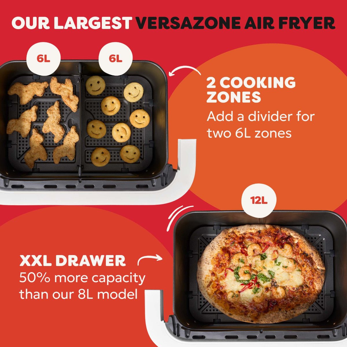 Frytkownica powietrzna z dwiema strefami 6L, jedna z kształtami zwierząt, druga z uśmiechniętymi twarzami. Szuflada XXL 12L z pizzą.