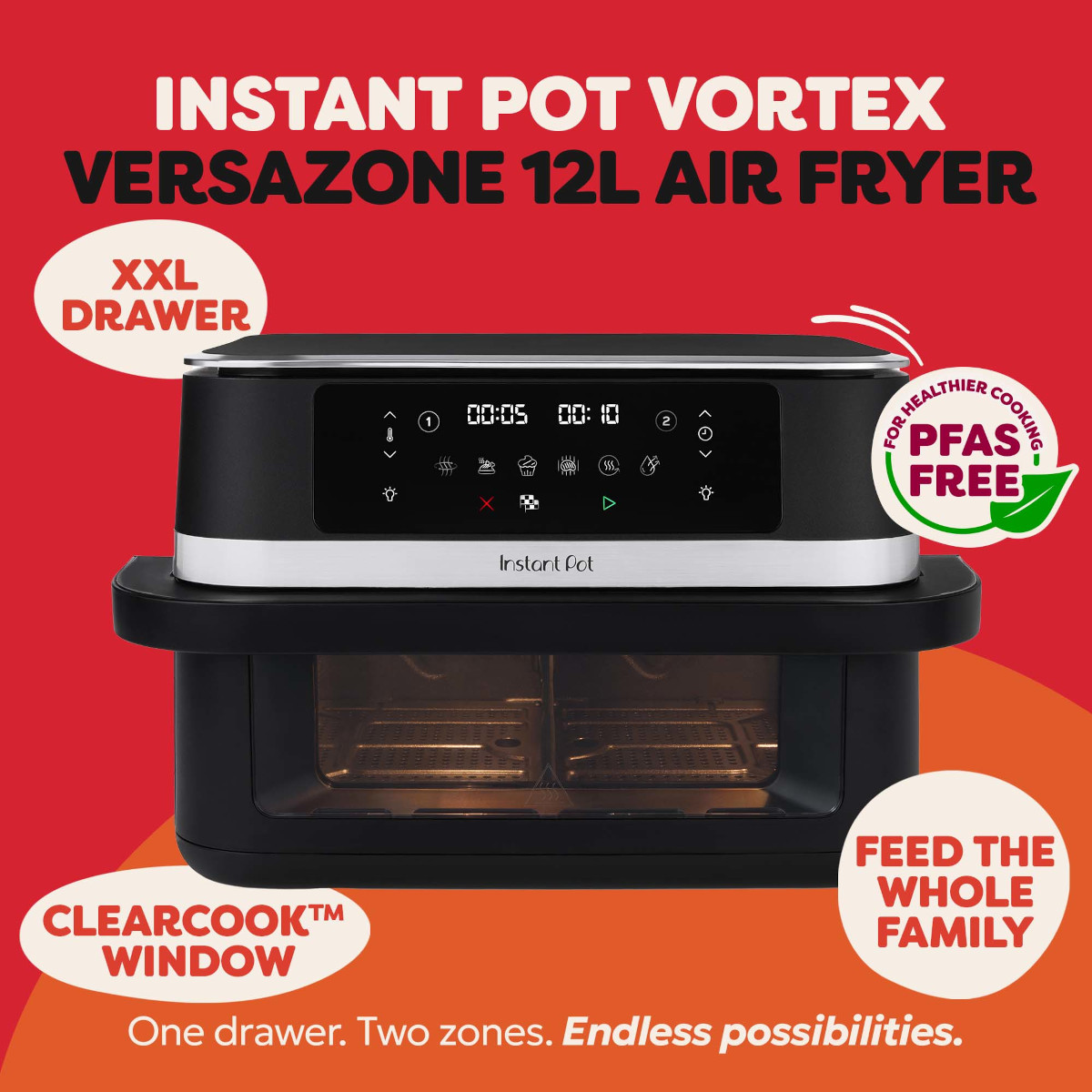 Czarna frytkownica beztłuszczowa Instant Pot Vortex Versazone 12L z dwiema szufladami i wyświetlaczem.