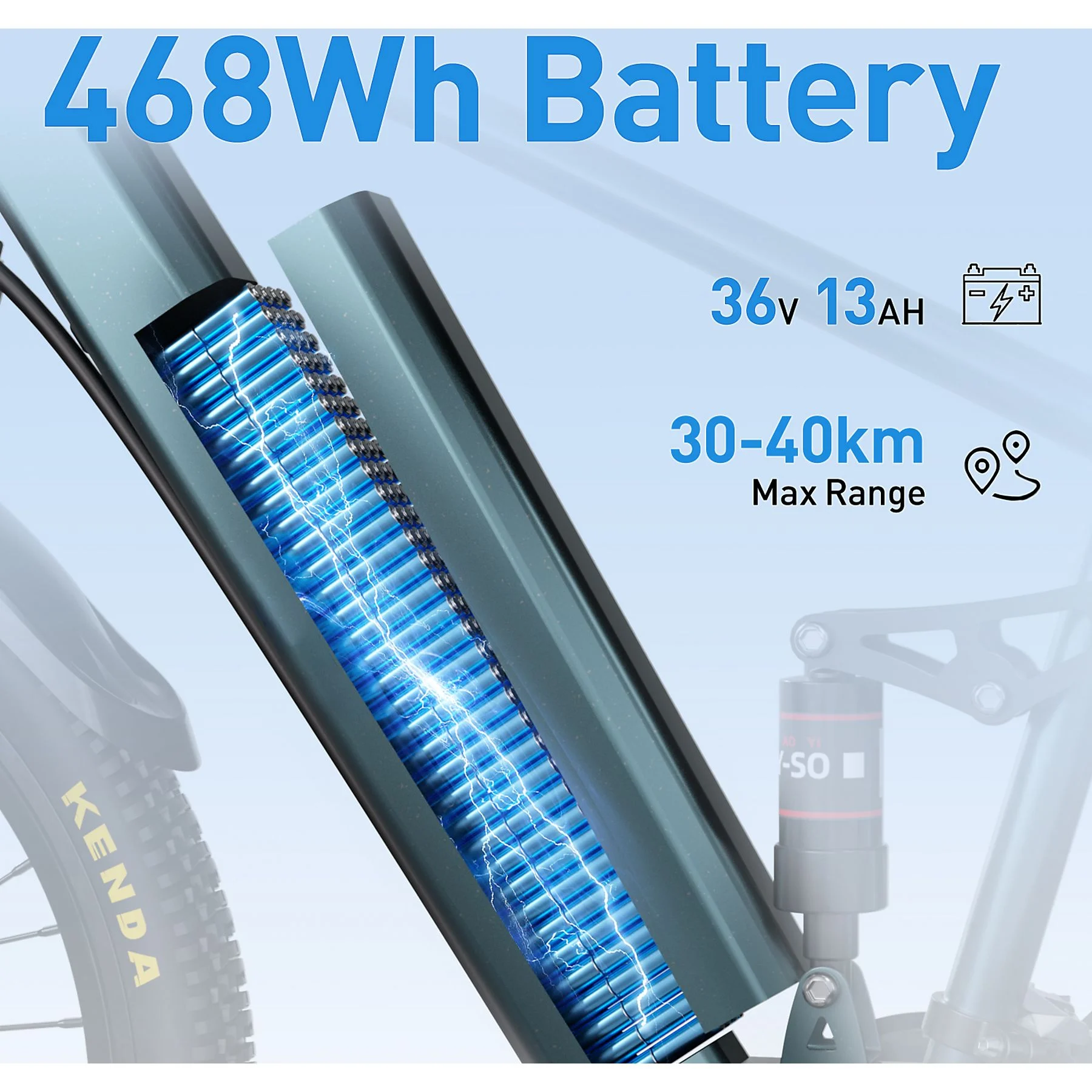 Zbliżenie baterii roweru elektrycznego, 468Wh, 36V, 13Ah, zasięg 30-40 km.