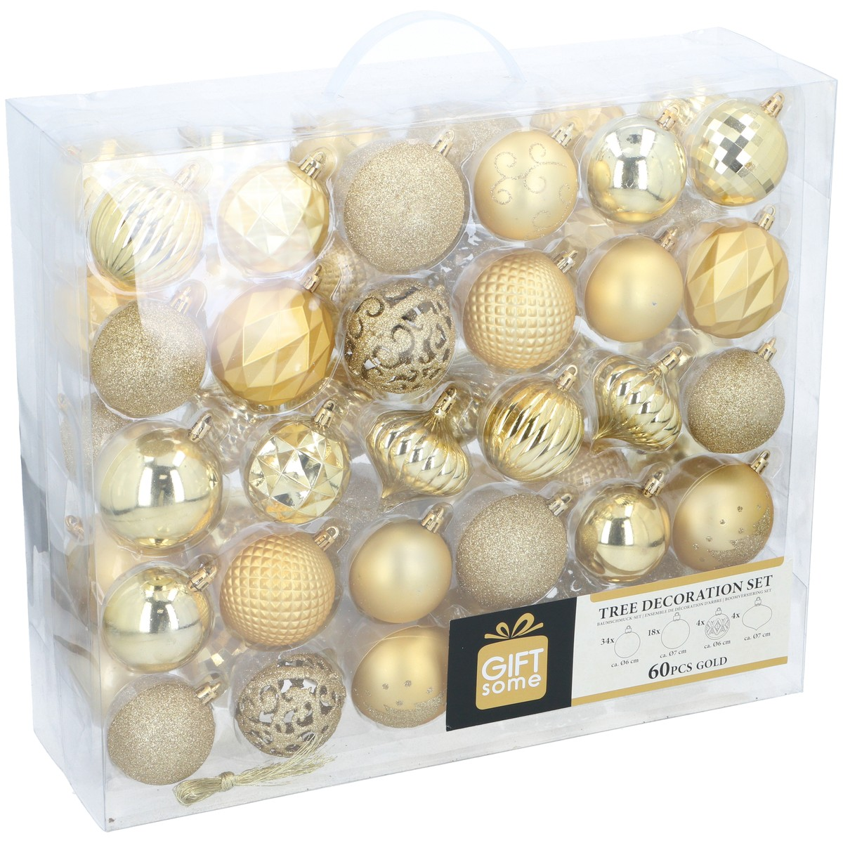 Box of 60 gold Christmas ornaments in various shapes and textures.