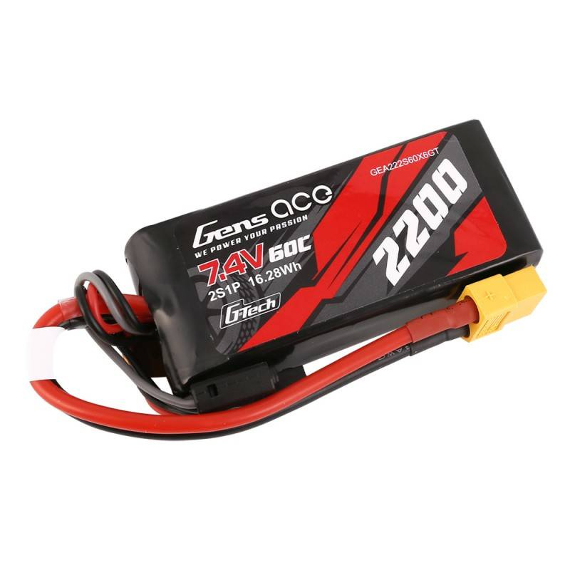 Una batteria LiPo nera da 7,4V 2200mAh con fili rosso e bianco.