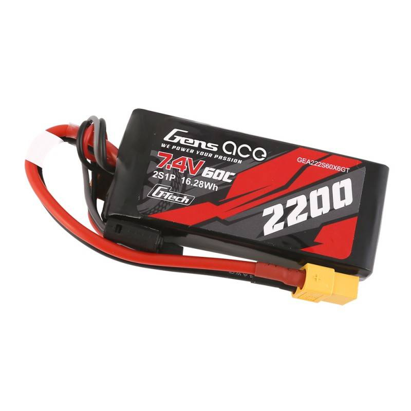 Batteria LiPo Gens Ace 7.4V 60C 2200mAh nera con cavi rosso e nero.